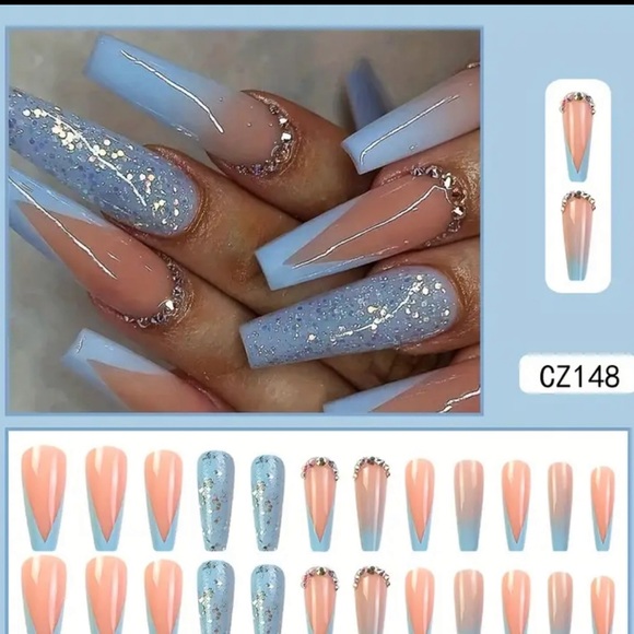 24 Long Blue French Press On Blue Nails Rhinestones Nude Glitter Sequin Kit new - Picture 2 of 8
